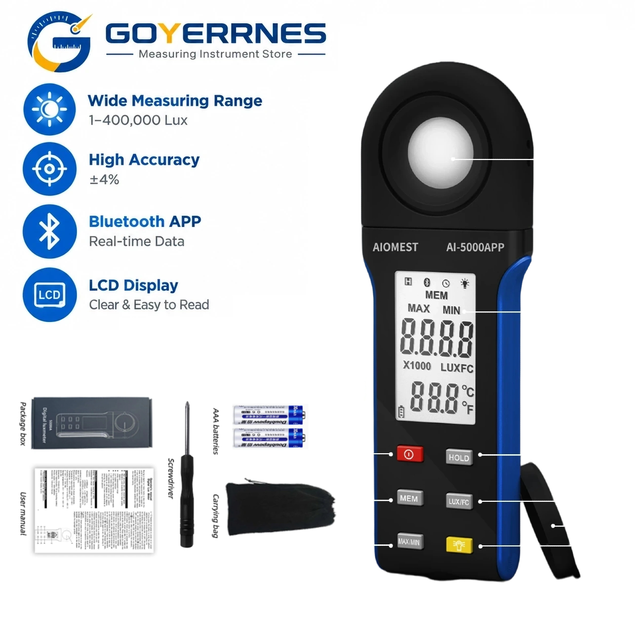 Lux Meter Digital Light - Medidor de Lux Digital 1-400000 Lux